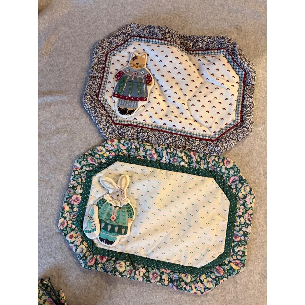 Franco Quilted Placemats Napkins Set 4pc Cat Bunny Floral Country Cottage Decor